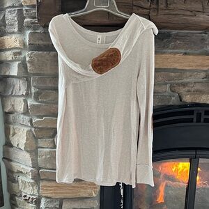 Vanilla Bay Cream Long Sleeve Hooded Top with Brown Elbow Patch